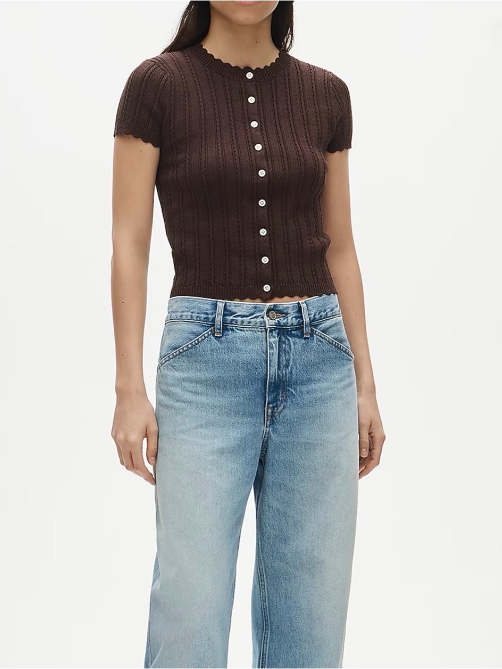 Jackie pointelle short-sleeve cardigan in smoked walnut